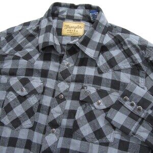 Wrangler Retro Mens Pearl Snap Flannel Shirt L Black Gray Check 100% Cotton